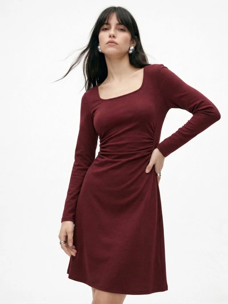 Wine Full Sleeve Round Neck Dress