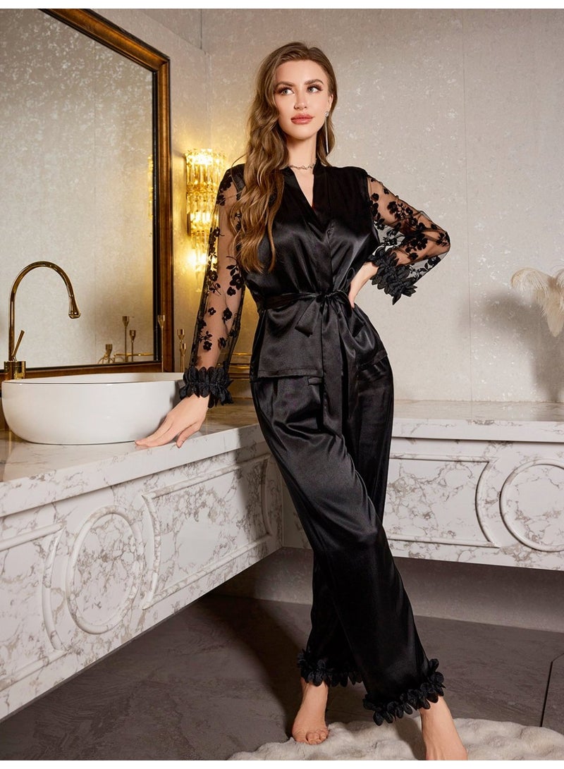 Closme Women's Satin Pajama Set with Sheer Floral Lace Sleeves - V-Neck Belted Loungewear - Image 3