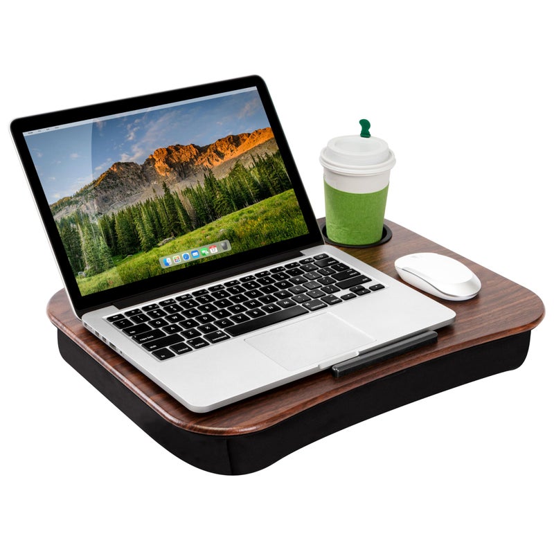 LAPGEAR Cup Holder Lap Desk with Device Ledge Espresso Woodgrain Fits up to 14 Inch Laptops Style No 46324