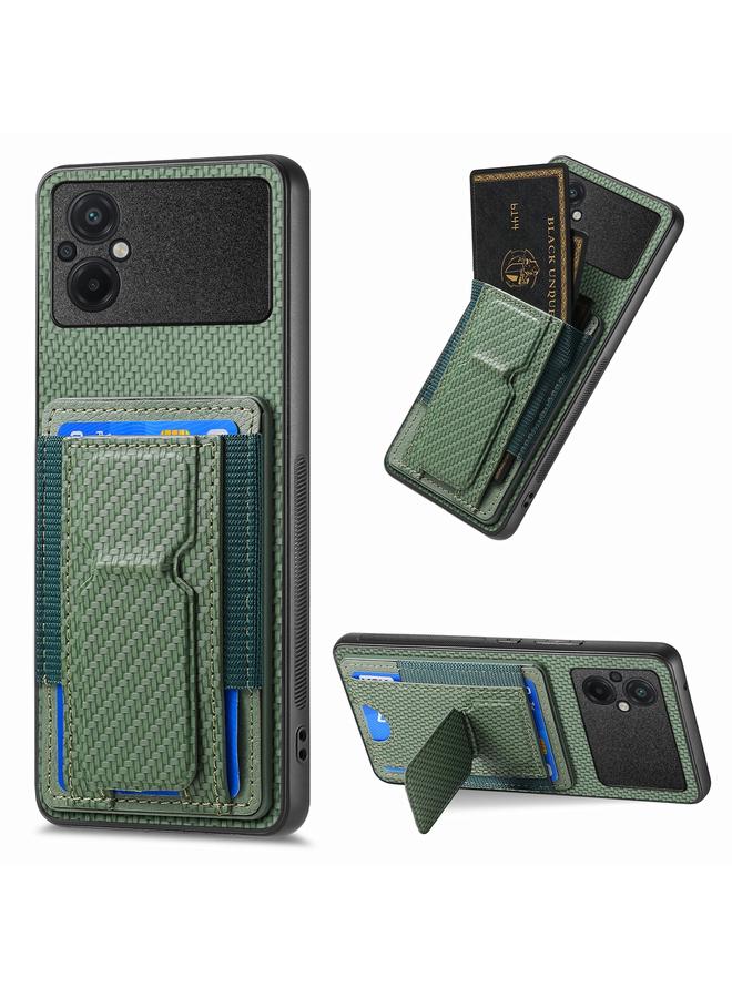 جرين تايجر جراب هاتف من ألياف الكربون قابل للطي مع حامل بطاقة مرن لهاتف Xiaomi Poco M5 4G (أخضر)