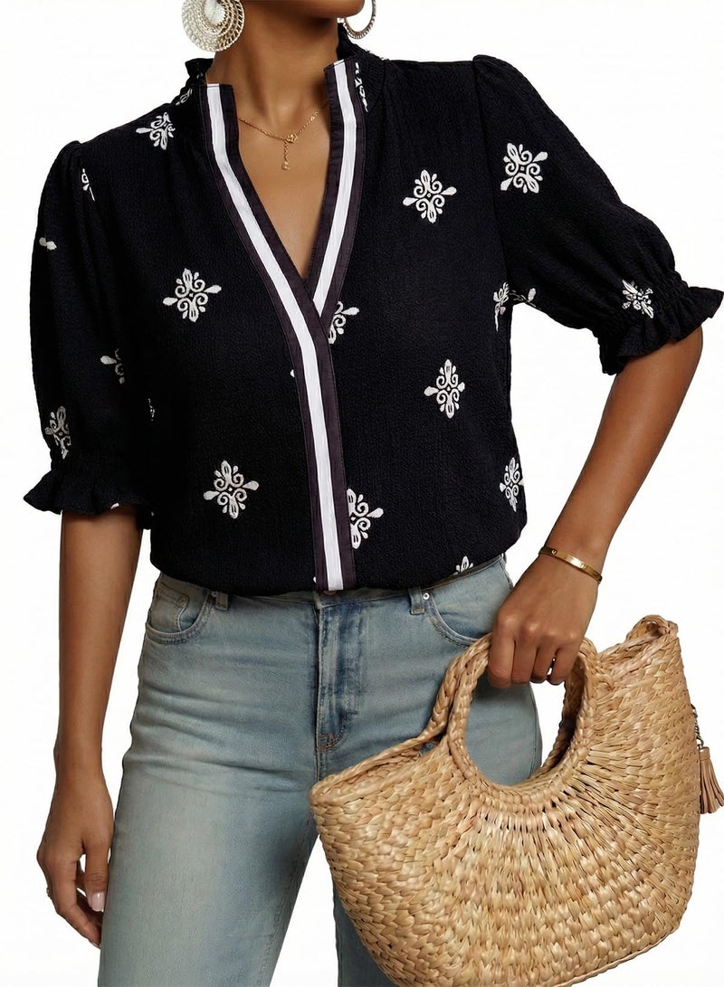 Dokotoo Boho Tops for Women Floral Ruffle Shirt Fashion Clothing Puff Casual Trendy Business Casual Flowy Cute Womens Blouses 2026 Spring Summer Beach Vacation Tunic Tops Clothes Black - Image 1