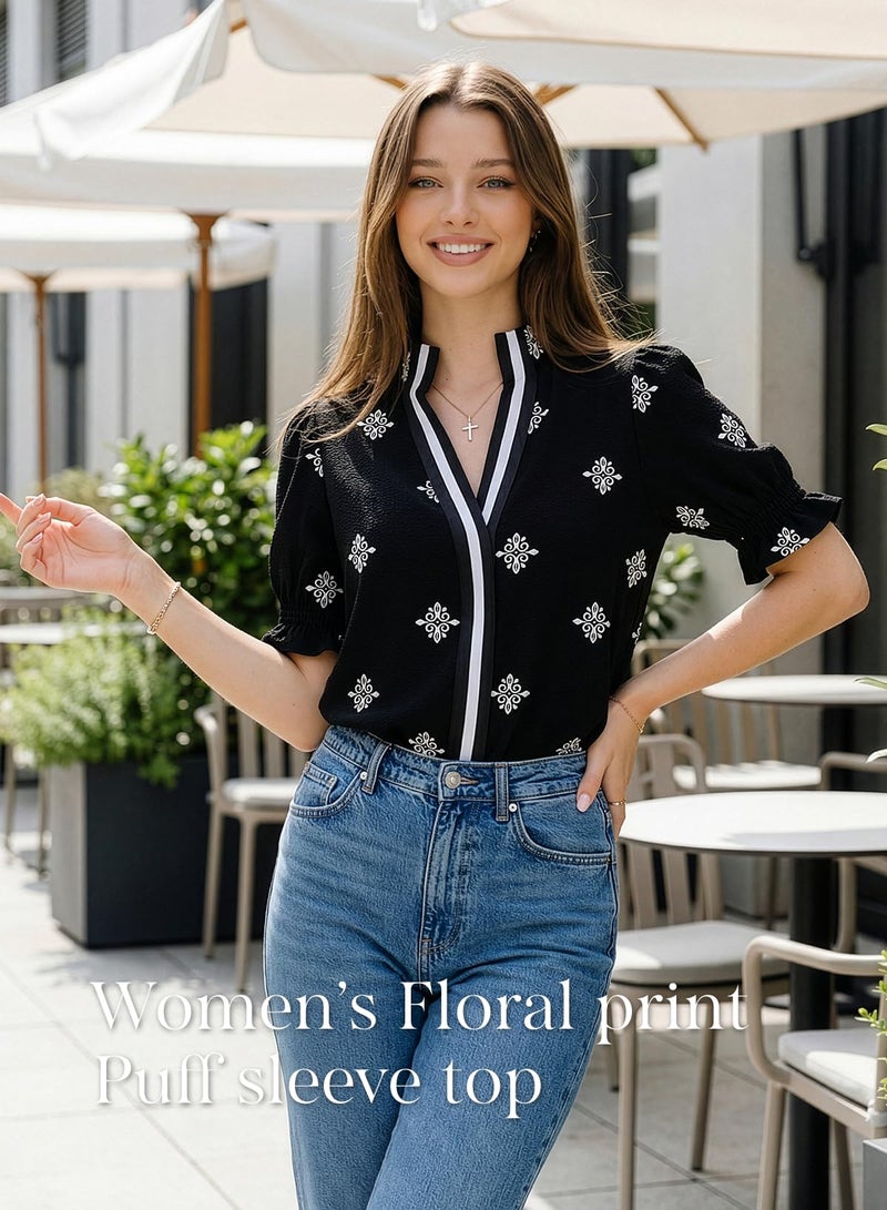 Dokotoo Boho Tops for Women Floral Ruffle Shirt Fashion Clothing Puff Casual Trendy Business Casual Flowy Cute Womens Blouses 2026 Spring Summer Beach Vacation Tunic Tops Clothes Black - Image 4