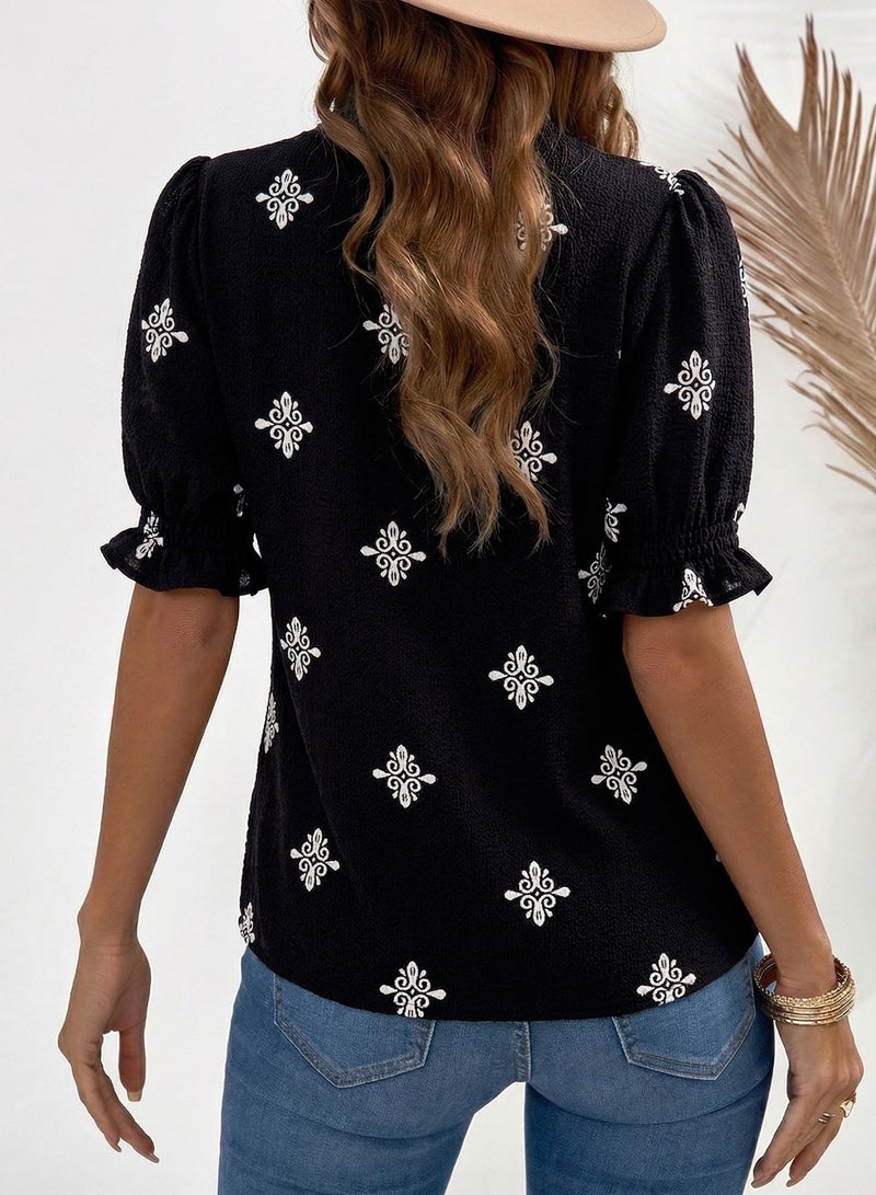 Dokotoo Boho Tops for Women Floral Ruffle Shirt Fashion Clothing Puff Casual Trendy Business Casual Flowy Cute Womens Blouses 2026 Spring Summer Beach Vacation Tunic Tops Clothes Black - Image 3