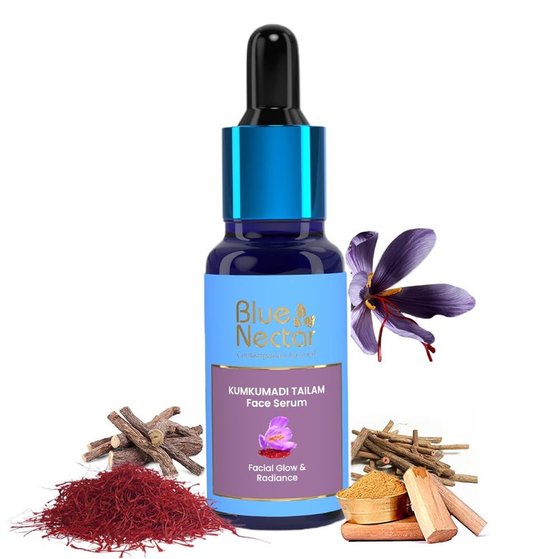 Blue Nectar Saffron & Manjish Face Oil - Original Kumkumadi Oil for Face | Ancient Glow Serum Face Moisturizer for Glowing Skin | Plant-Based Collagen Booster for Women & Men (26 Herbs, 1Fl Oz)