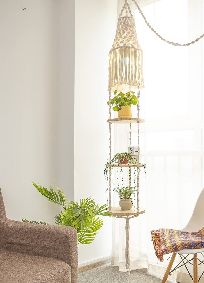 YKBU Macrame Plant Hanger Shelf Hanging Rope Shelf Indoor with Boho Lamp Shade 3 Tier Floating Round Shelves Decorative Shelf Flower Pot Holder Planter Display Rack Boho Home Decor1 Set