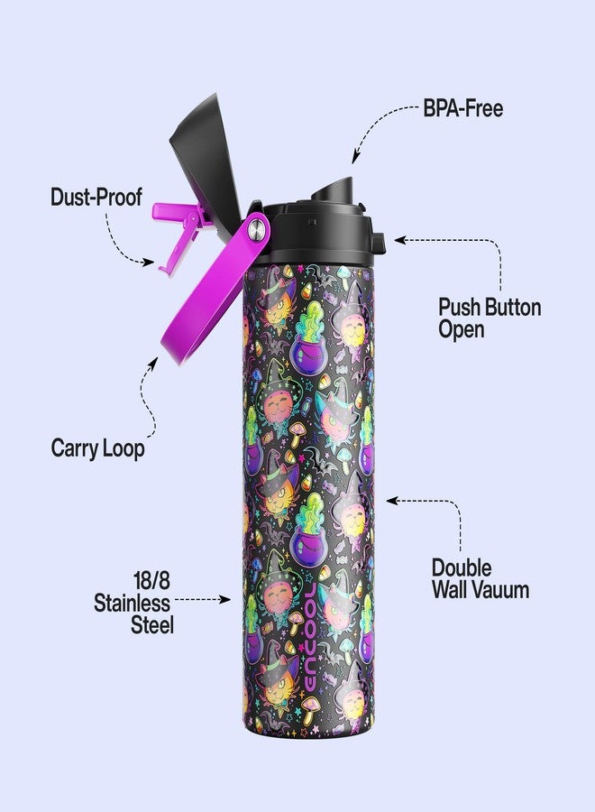 ENCOOL Halloween Insulated Water Bottle with Straw - Stainless Steel Water Bottle with Push Button Lid, Leak-Proof BPA-Free, Keeps Cold for 24 Hours for Halloween gifts, Party (24 oz, Meowgic Night) - Image 3