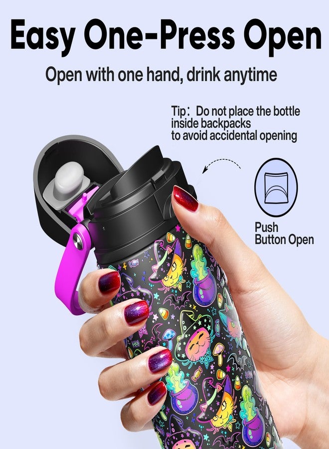 ENCOOL Halloween Insulated Water Bottle with Straw - Stainless Steel Water Bottle with Push Button Lid, Leak-Proof BPA-Free, Keeps Cold for 24 Hours for Halloween gifts, Party (24 oz, Meowgic Night) - Image 4