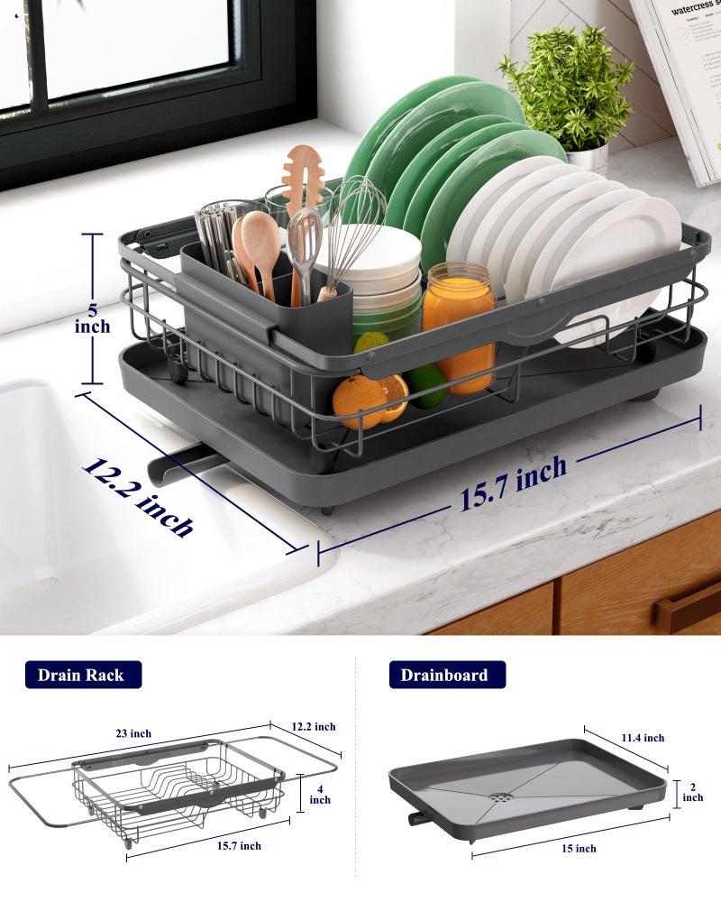Kitsure Dish Drying Rack for Kitchen Counter, Stainless Steel Sink Organization and Storage Essentials with Cutlery Holder, Home and Appartment Decor, 12.2''W x 15.7''~23''L, Grey - Image 3