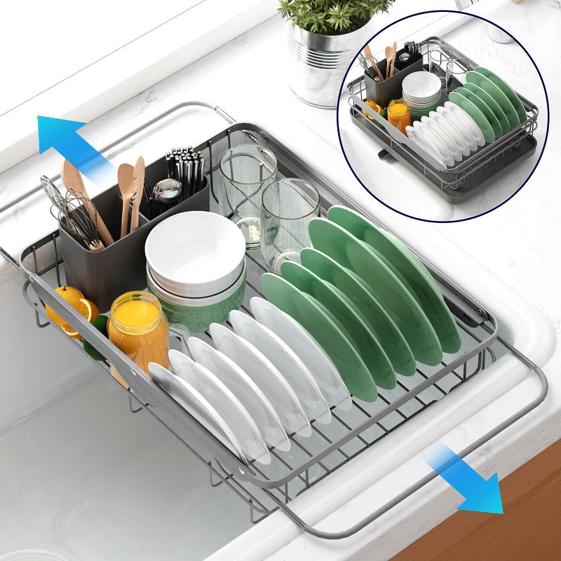 Kitsure Dish Drying Rack for Kitchen Counter, Stainless Steel Sink Organization and Storage Essentials with Cutlery Holder, Home and Appartment Decor, 12.2''W x 15.7''~23''L, Grey - Image 1