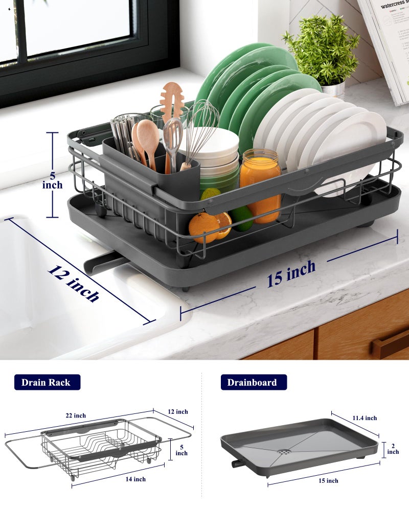 Kitsure Dish Drying Rack for Kitchen Counter, Stainless Steel Sink Organization and Storage Essentials with Cutlery Holder, Home and Appartment Decor, 12.2''W x 15.7''~23''L, Grey - Image 2