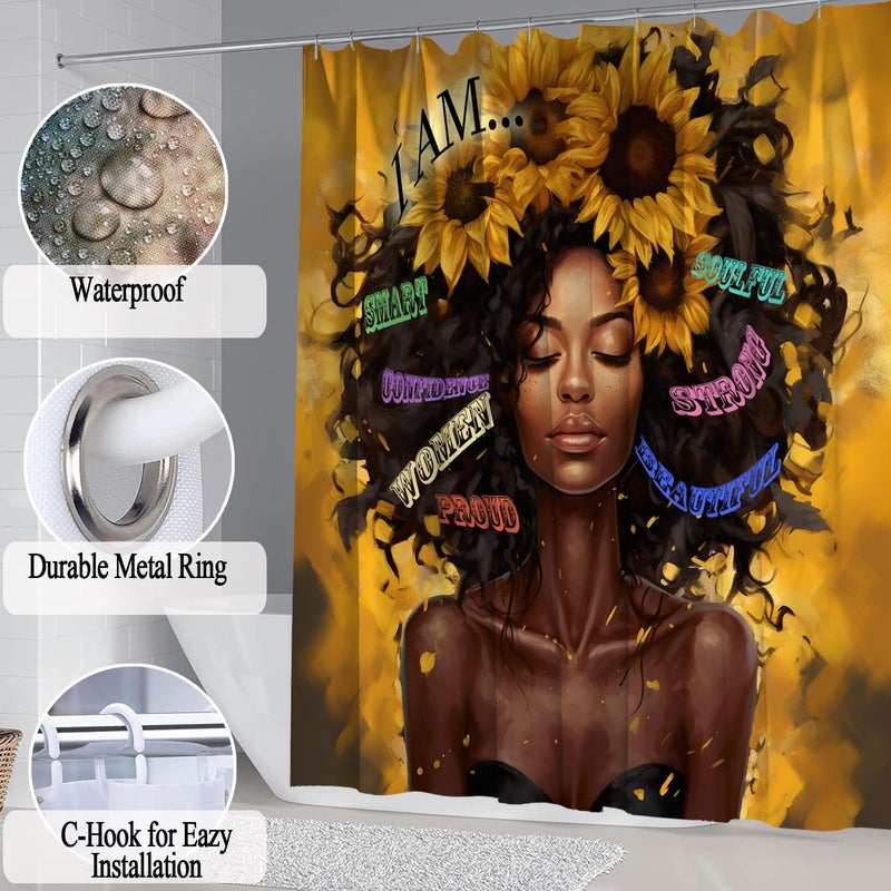 Omebero 4 Pcs Sunflower Black Girl Shower Curtain Sets  Inspirational Words African Queen Bathroom Sets With Shower Curtain And Rugs Toilet Lid Cover Bath Mat  Soft Fabric Shower Curtains With Hooks - Image 2