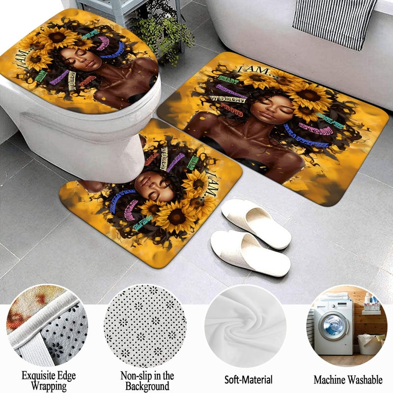 Omebero 4 Pcs Sunflower Black Girl Shower Curtain Sets  Inspirational Words African Queen Bathroom Sets With Shower Curtain And Rugs Toilet Lid Cover Bath Mat  Soft Fabric Shower Curtains With Hooks - Image 3