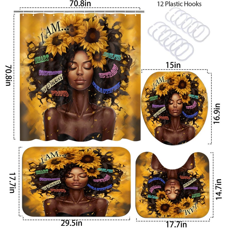 Omebero 4 Pcs Sunflower Black Girl Shower Curtain Sets  Inspirational Words African Queen Bathroom Sets With Shower Curtain And Rugs Toilet Lid Cover Bath Mat  Soft Fabric Shower Curtains With Hooks - Image 4