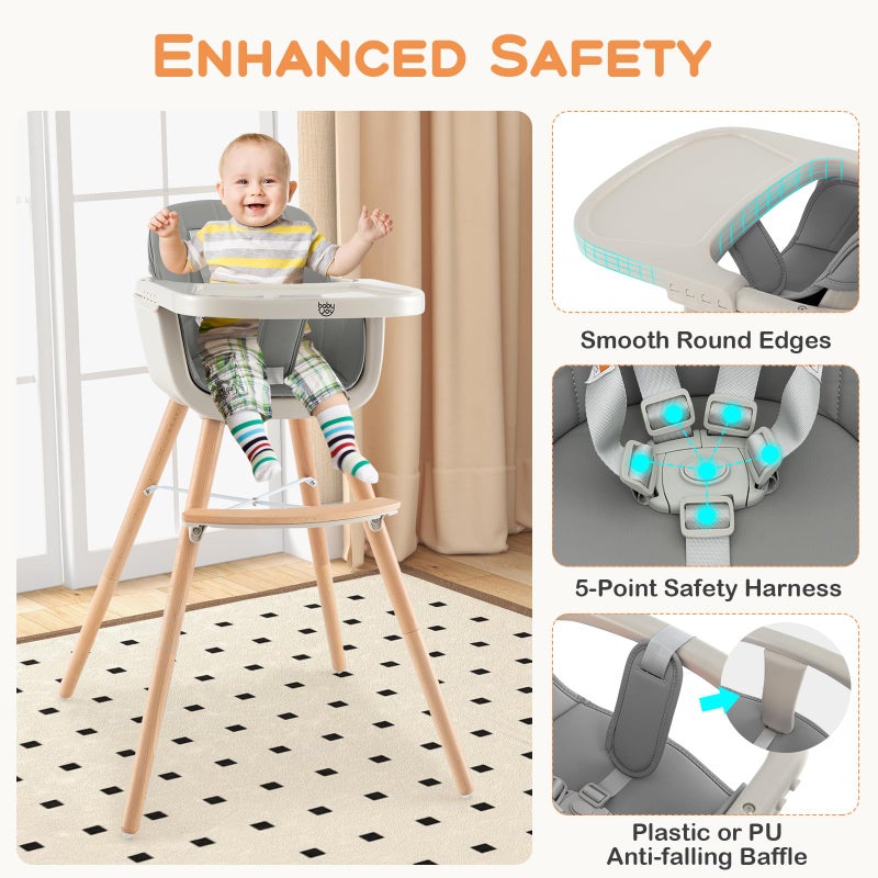 BABY JOY Convertible Baby High Chair, 3 in 1 Wooden Highchair/Booster/Chair with Removable Tray, Adjustable Legs, 5-Point Harness, PU Cushion and Footrest for Baby, Infants, Toddlers (Gray) - Image 4