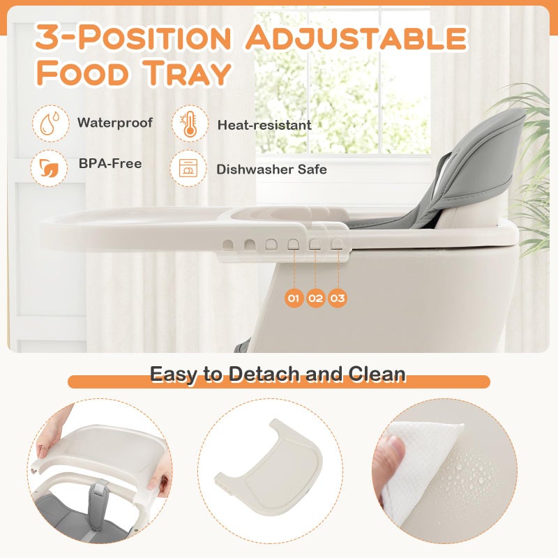 BABY JOY Convertible Baby High Chair, 3 in 1 Wooden Highchair/Booster/Chair with Removable Tray, Adjustable Legs, 5-Point Harness, PU Cushion and Footrest for Baby, Infants, Toddlers (Gray) - Image 3