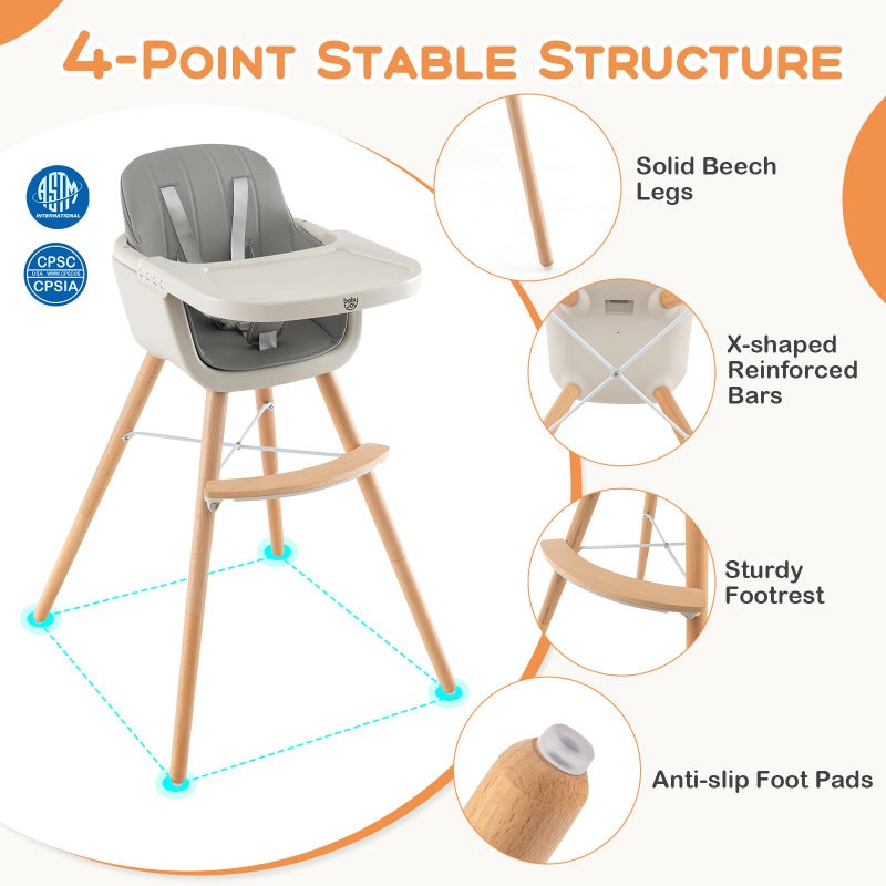 BABY JOY Convertible Baby High Chair, 3 in 1 Wooden Highchair/Booster/Chair with Removable Tray, Adjustable Legs, 5-Point Harness, PU Cushion and Footrest for Baby, Infants, Toddlers (Gray) - Image 5