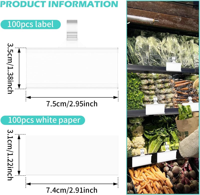 windforgecraft 100Pcs Shelf Labels White Paper Shelf Tags Plastic Label Holders Clear Shelf Label Holder Shelf Labels for Storage Bins Bookshelf Mailbox for Retail Supermarket Stores - Image 2