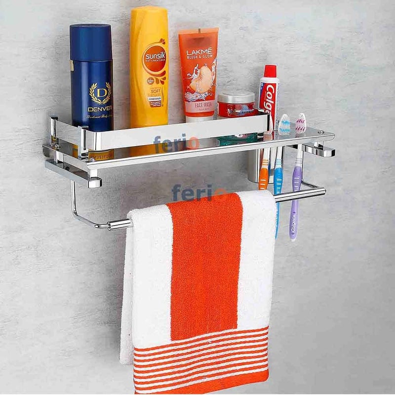 Arena Stainless Steel 3 in 1 Bathroom Shelf Shelves Tumbler Holder | Towel Bar and Toothpaste Stand and Napkin Hanger Bath Room Accessories Silver - (15 * 5 Inch - Pack of 1) - Image 1