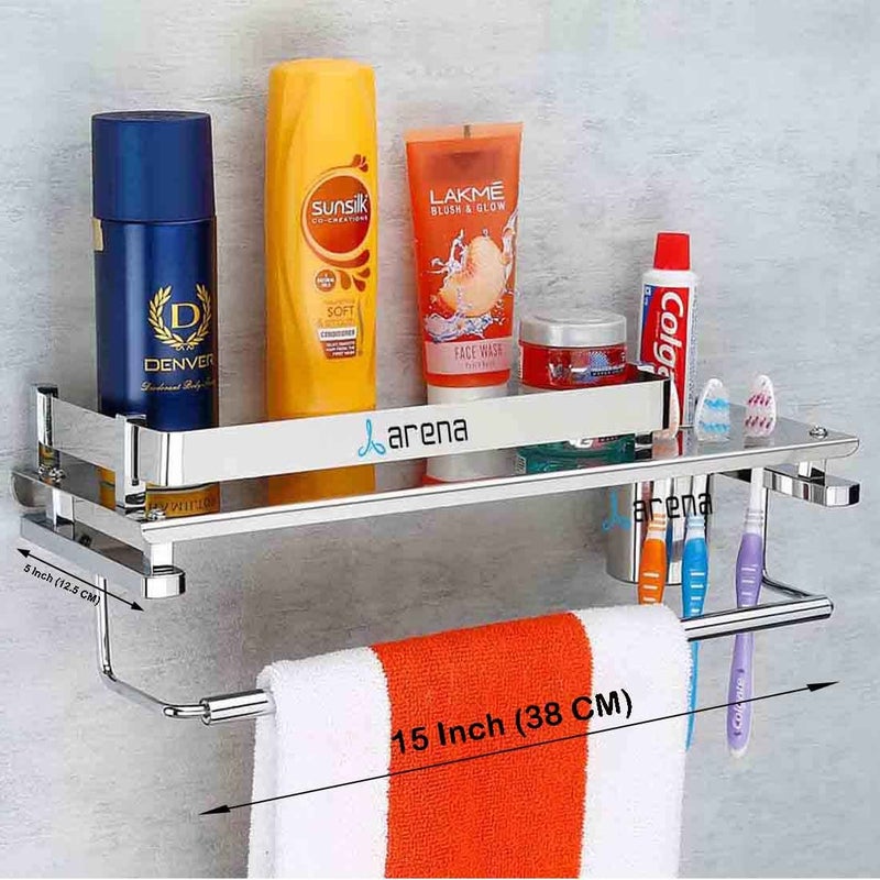 Arena Stainless Steel 3 in 1 Bathroom Shelf Shelves Tumbler Holder | Towel Bar and Toothpaste Stand and Napkin Hanger Bath Room Accessories Silver - (15 * 5 Inch - Pack of 1) - Image 3