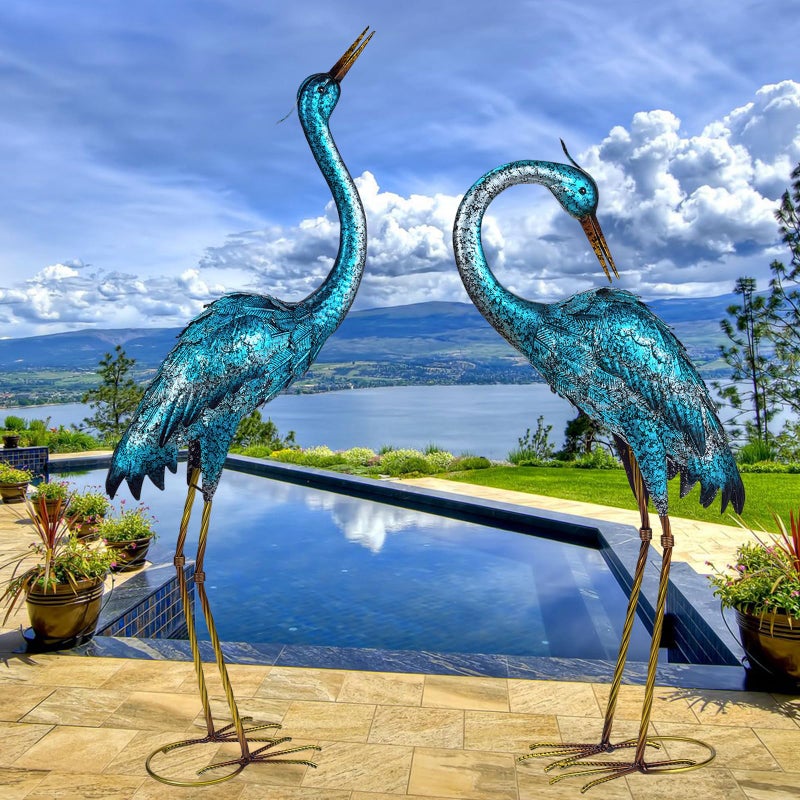 Kircust Garden Sculpture  Statues Blue Heron Lawn Ornaments Standing Metal Crane Yard Art Large Size Bird Decoy for Outdoor Lawn Backyard Porch Patio Decoration Set of 2