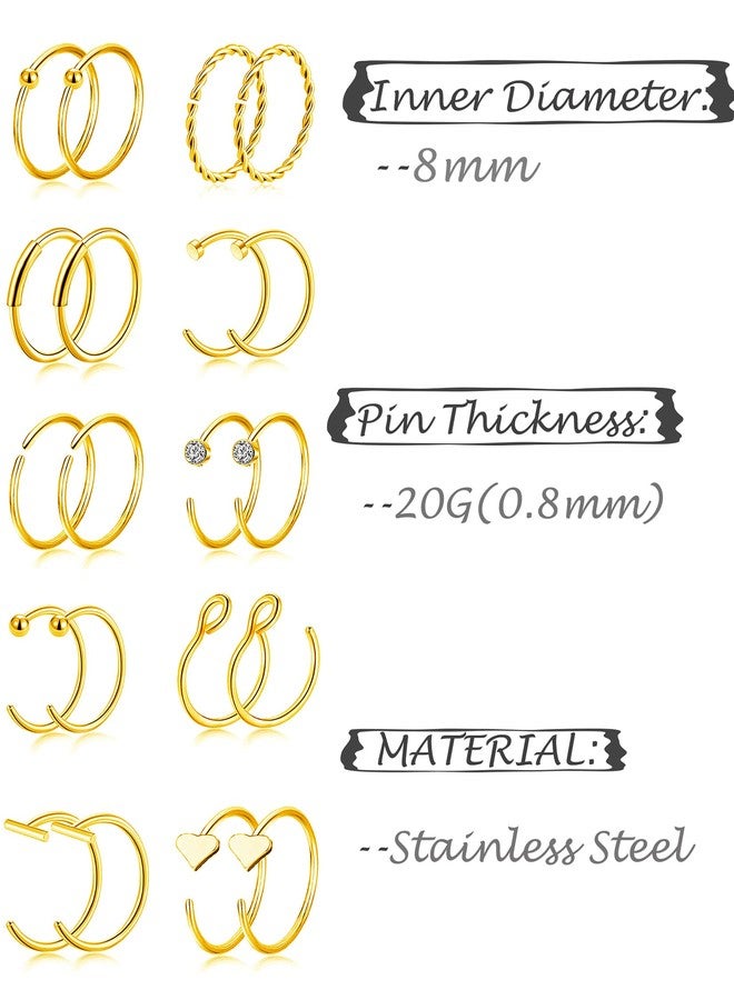 Tornito 20G 38Pcs Stainless Steel L Bone Screw Shaped Nose Studs Nose Rings CZ Hoop Tragus Cartilage Nose Ring Labret Nose Piercing Jewelry for Men Women Rose Gold Tone (H:38Pcs, Gold&Bone) - Image 4