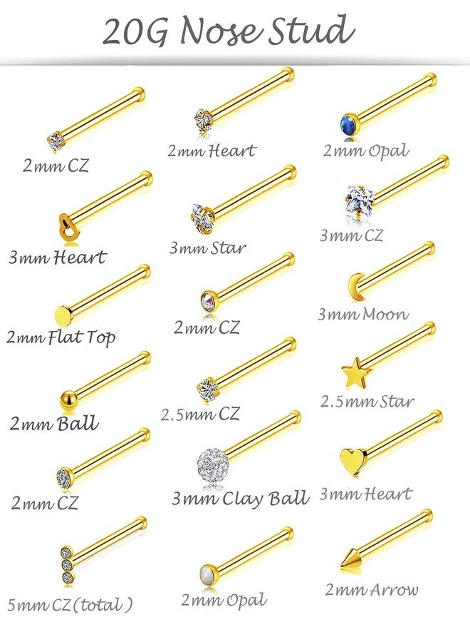 Tornito 20G 38Pcs Stainless Steel L Bone Screw Shaped Nose Studs Nose Rings CZ Hoop Tragus Cartilage Nose Ring Labret Nose Piercing Jewelry for Men Women Rose Gold Tone (H:38Pcs, Gold&Bone) - Image 3
