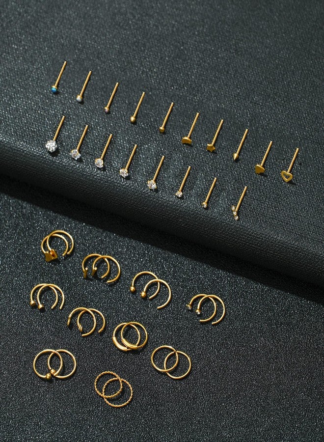 Tornito 20G 38Pcs Stainless Steel L Bone Screw Shaped Nose Studs Nose Rings CZ Hoop Tragus Cartilage Nose Ring Labret Nose Piercing Jewelry for Men Women Rose Gold Tone (H:38Pcs, Gold&Bone) - Image 5