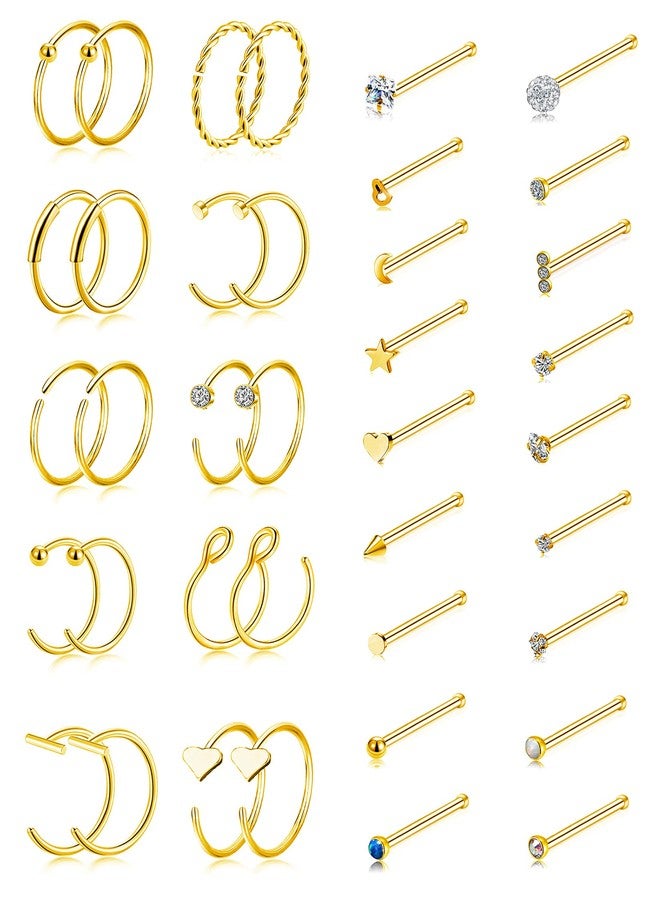 Tornito 20G 38Pcs Stainless Steel L Bone Screw Shaped Nose Studs Nose Rings CZ Hoop Tragus Cartilage Nose Ring Labret Nose Piercing Jewelry for Men Women Rose Gold Tone (H:38Pcs, Gold&Bone) - Image 1