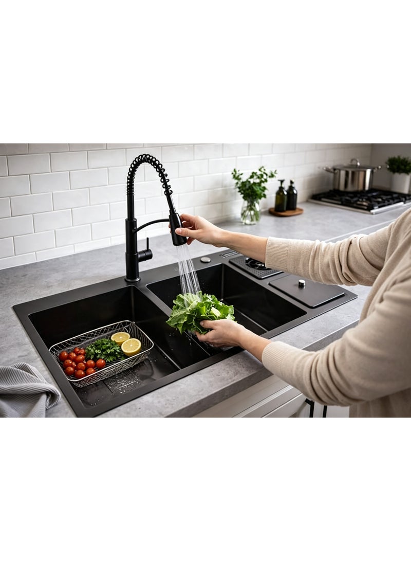 ELITE URANUS DBSD1650B Black Glossy Double Bowl Kitchen Sink – Top Mount Stainless Steel Sink with Accessories - Image 2