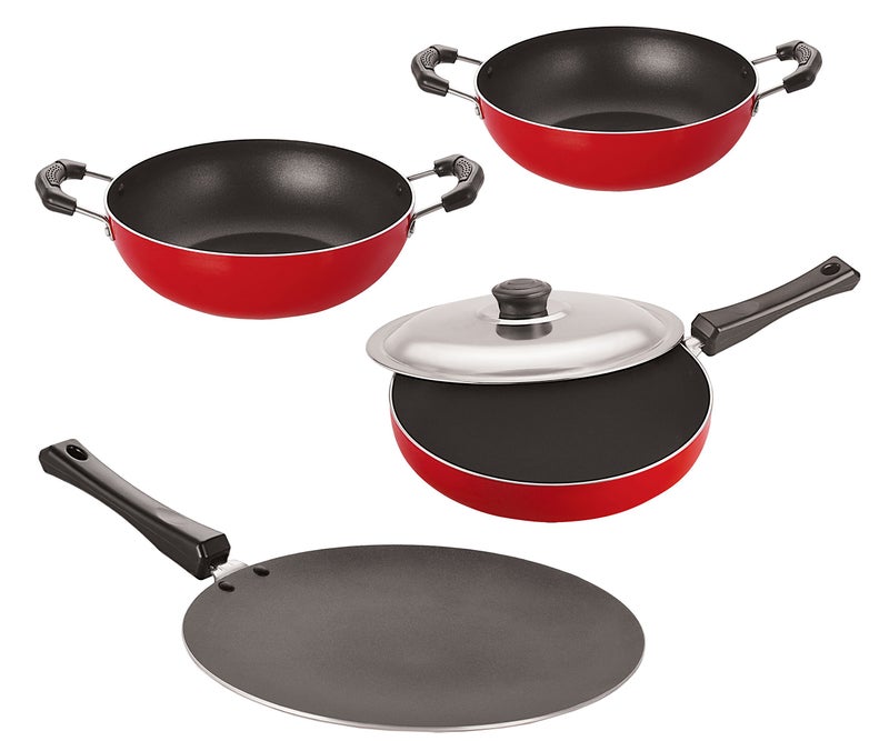 Nirlon Non-Stick Aluminum Cookware Set, 4-Piece, Red and Black (CT12_FP13_KD10_KD11) - Image 1