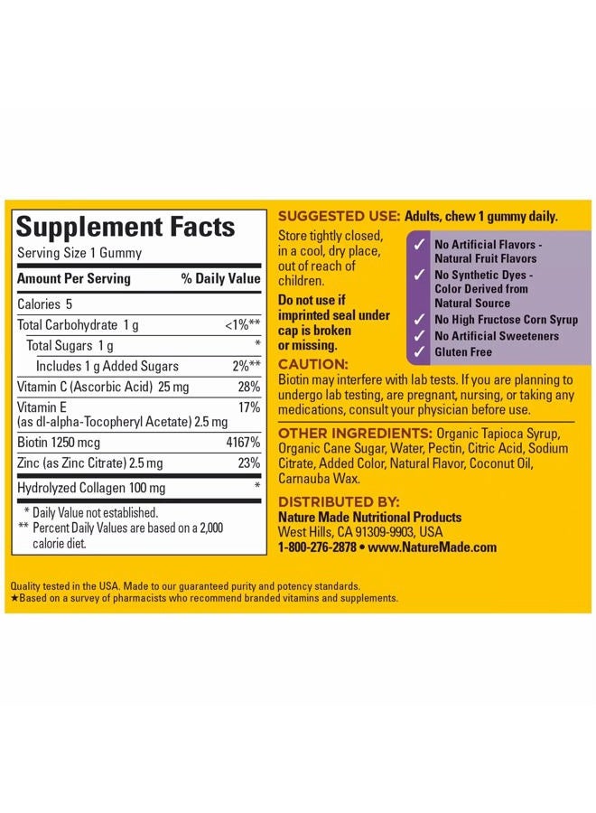 Collagen Gummies with Vitamin C, Zinc and Biotin, Hydrolyzed Collagen Peptides Supplement for Healthy Skin Support, 60 Gummies, 60 Day Supply