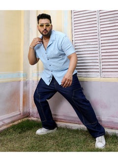 Instafab Plus Men's Light Blue Self-Design Block Shirt  - Image 3
