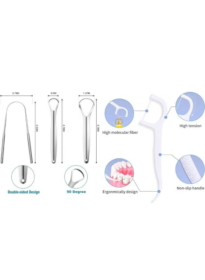 موش مجموعة العناية بالفم MOSH – طقم مكشطة لسان من الستانلس ستيل مع علبة + أعواد خيط تنظيف الأسنان (100 قطعة) – نفس منعش، إزالة البلاك، تنظيف الأسنان وعناية فموية متكاملة للبالغين - Image 2