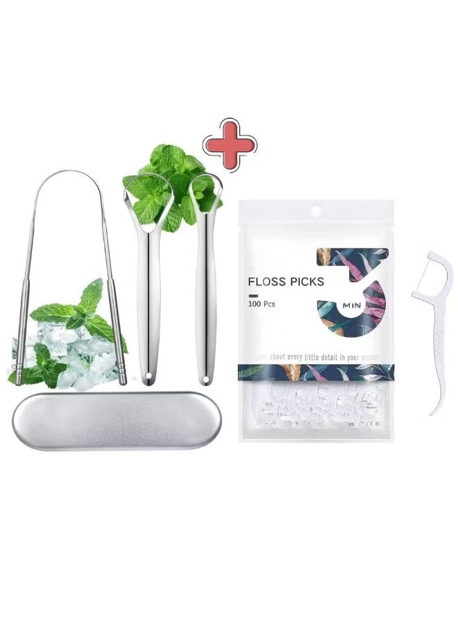 موش مجموعة العناية بالفم MOSH – طقم مكشطة لسان من الستانلس ستيل مع علبة + أعواد خيط تنظيف الأسنان (100 قطعة) – نفس منعش، إزالة البلاك، تنظيف الأسنان وعناية فموية متكاملة للبالغين - Image 1