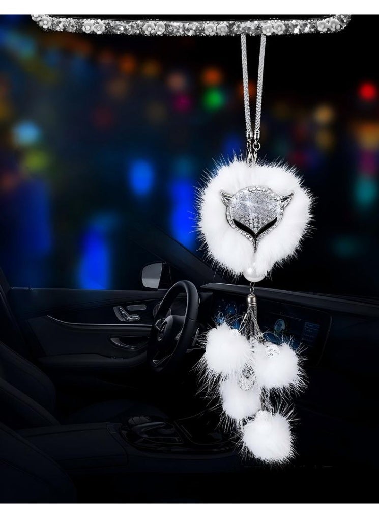 Car Decor Automotive Interior Rearview Mirrors Rearview Mirror Pendant Enchanting White Fox Diamond-Encrusted Plush Pendant Car Accessories Creative Pendant Car Hanging - Image 1