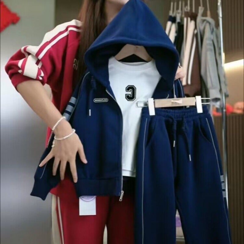 Childrens Clothing Autumn Boys Autumn Clothing suit Long-sleeved Hooded Jacket Harlan Pants Childrens Sportswear Two-piece Set Navy blue 