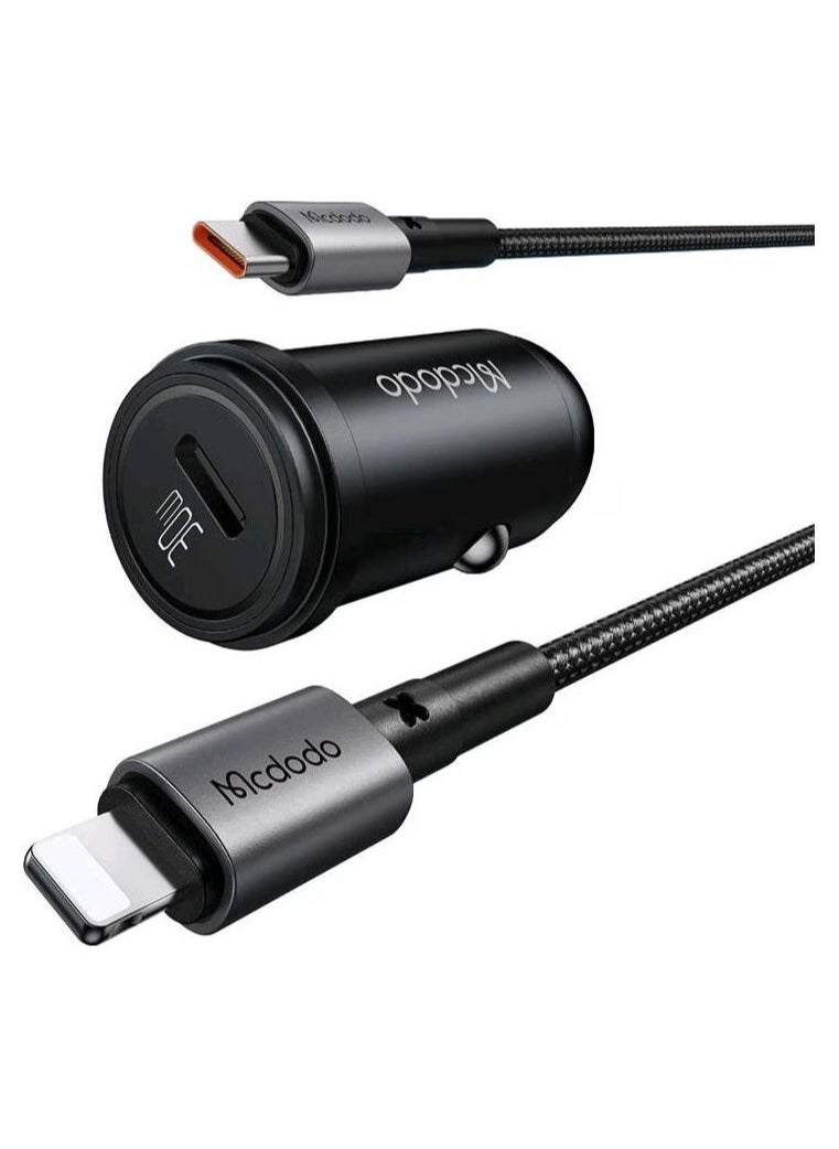 Mcdodo - Macdodo PD car charger with 30W power, featuring overcurrent and overvoltage protection – supports PD, QC, AFC, FCP, Apple 2.4, and includes a 2-meter braided Lightning cable – aluminum alloy body - Image 1