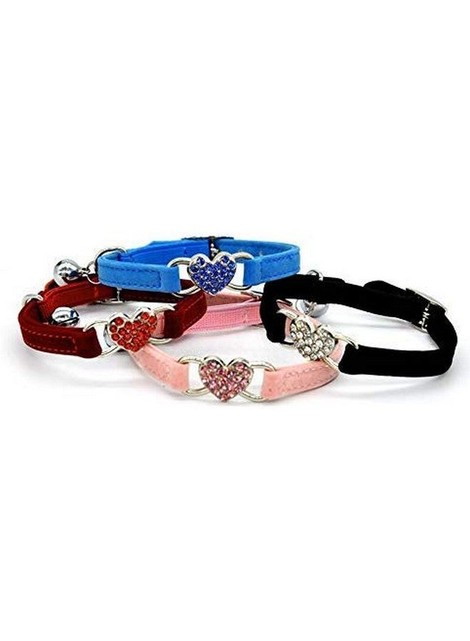 CHUKCHI Pink Soft Velvet Safe Cat Adjustable Collar with Crystal Heart Charm and Bells 8-11 Inches(Black+Red+Pink+Blue) - Image 2
