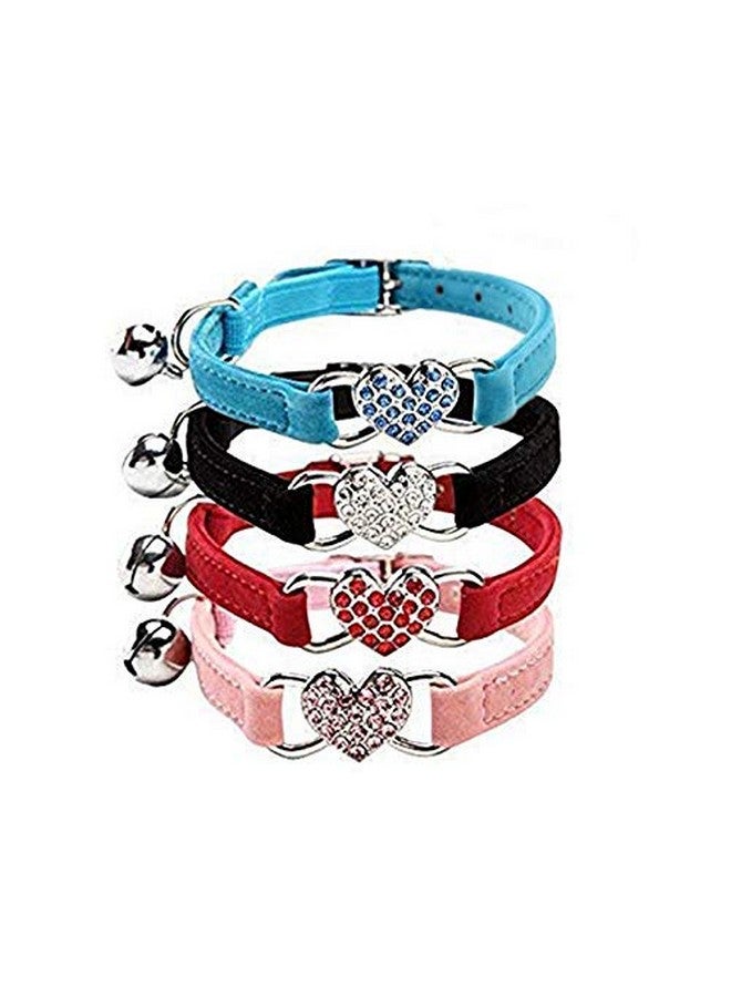 CHUKCHI Pink Soft Velvet Safe Cat Adjustable Collar with Crystal Heart Charm and Bells 8-11 Inches(Black+Red+Pink+Blue) - Image 1