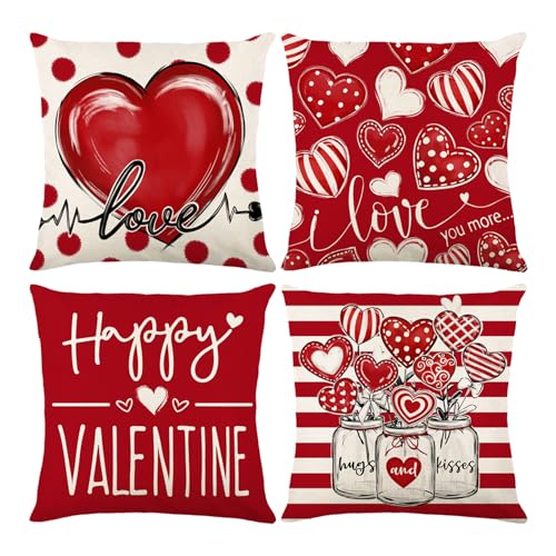 ONFAON Valentines Day Decorations- Throw Pillow Covers 18x18 in Set of 4，Love Heart Pillow Covers Farmhouse Valentines Day Decor for Couch Home Outdoor - Image 1