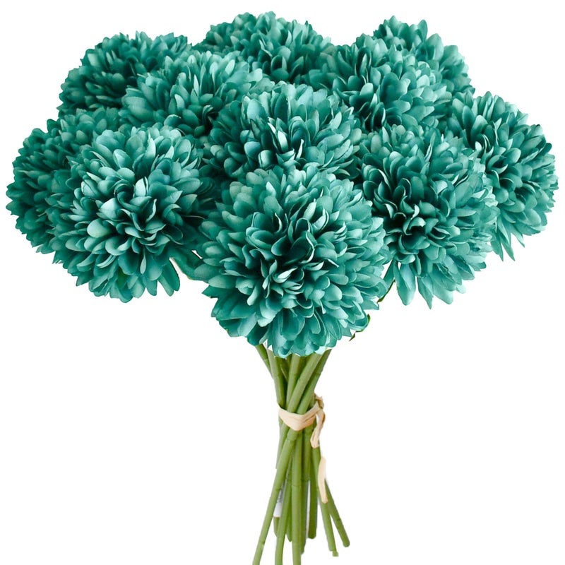 Mandy's Teal Artificial Ball Chrysanthemum 12 Stems Faux Flowers with Bendable Stems for Thanksgiving and Christmas Decorations DIY Wedding Centerpiece Fall Decor Home Arrangements - Image 1