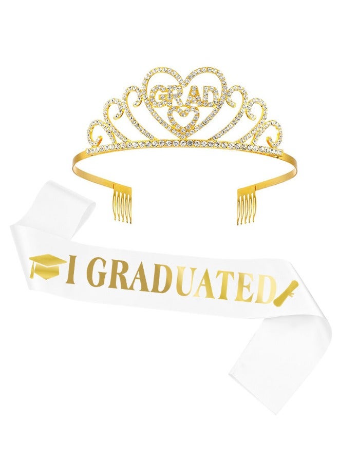 Gold Graduate Crown and Sash Set, Graduation Party Decorations, Graduate Crowns for Women, Grad Tiara and I Graduated Sash for Women, Grad Cap Decorations Grad Cap Topper - Image 1