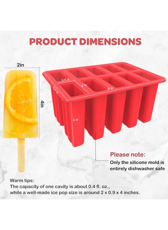 10-Grid Silicone Ice Cream Mold red, Homemade Popsicle Molds, with 50 Sticks, 50 Bags, 10 Reusable Sticks, Funnel, Brush and Ice Pop Recipe (Red) - Image 4