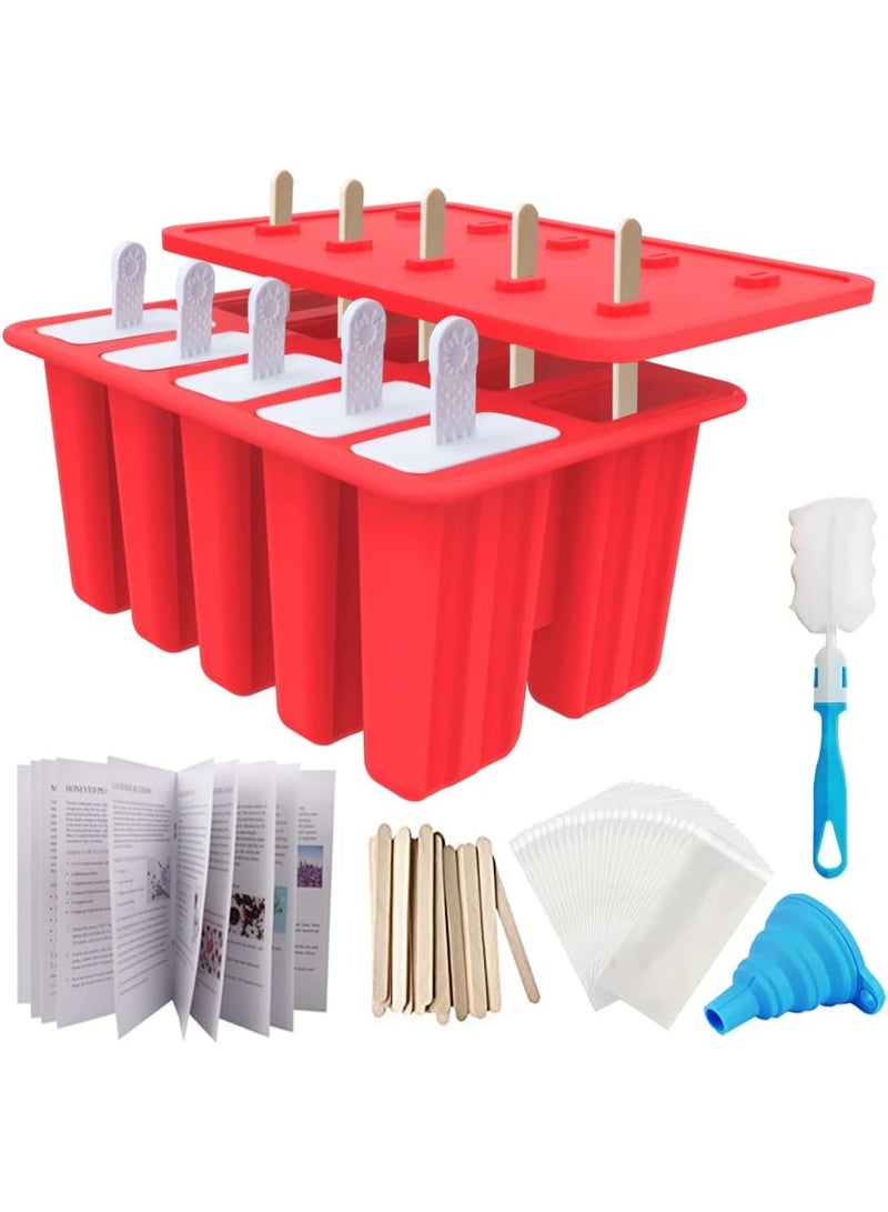 10-Grid Silicone Ice Cream Mold red, Homemade Popsicle Molds, with 50 Sticks, 50 Bags, 10 Reusable Sticks, Funnel, Brush and Ice Pop Recipe (Red) - Image 1