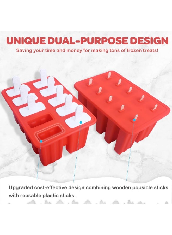 10-Grid Silicone Ice Cream Mold red, Homemade Popsicle Molds, with 50 Sticks, 50 Bags, 10 Reusable Sticks, Funnel, Brush and Ice Pop Recipe (Red) - Image 2