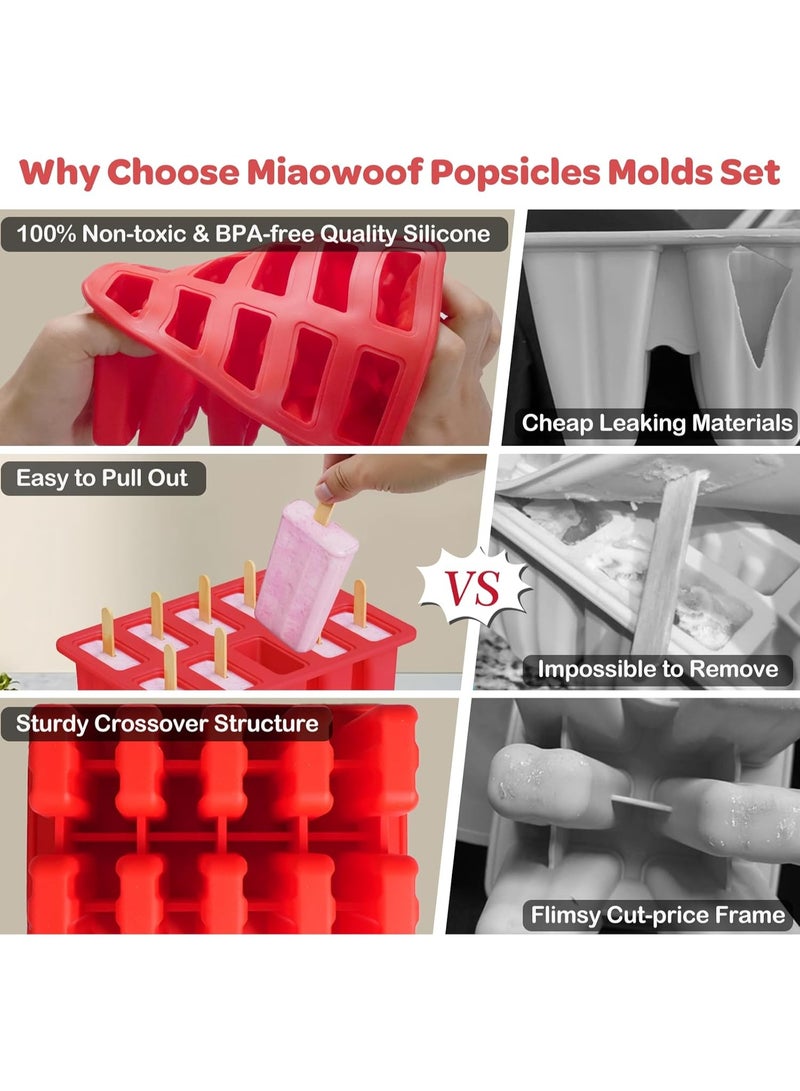10-Grid Silicone Ice Cream Mold red, Homemade Popsicle Molds, with 50 Sticks, 50 Bags, 10 Reusable Sticks, Funnel, Brush and Ice Pop Recipe (Red) - Image 3