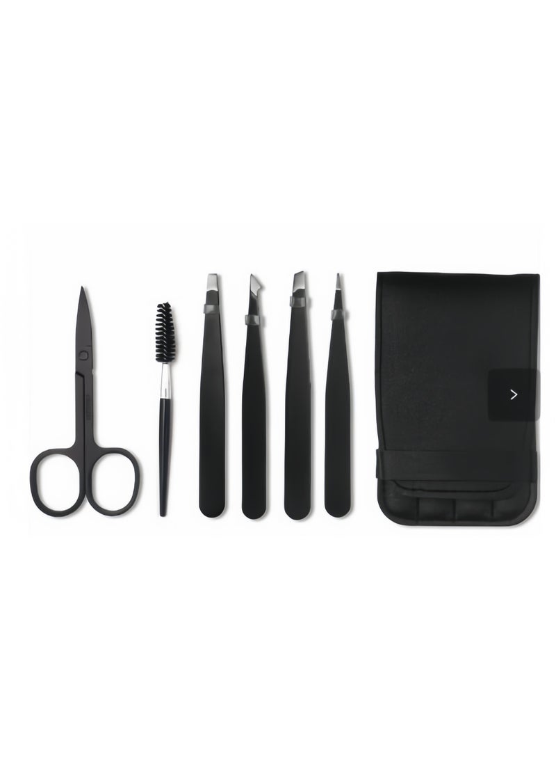 6 PCS Set - Professional Stainless Steel Tweezers for Eyebrows - Great Precision for Facial Hair, Splinter and Ingrown Hair Removal (Black) - Image 1