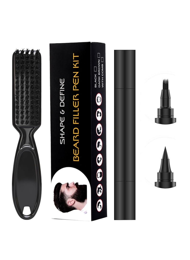Vtrem - Vtrem Men Beard Filler Pencil Black 2 Pack Dual Ended Applicator 4 Tip Micro Fork Pointed Tip Stubble Stick Pen With Brush Multi Use Moustache Eyebrows Straightener Comb Set - Image 1