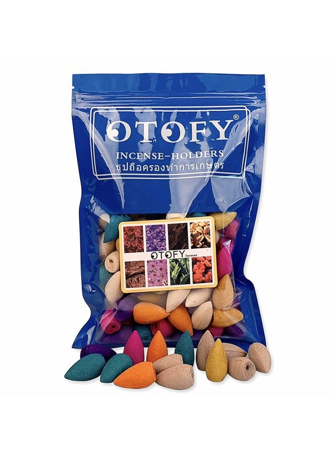 OTOFY 120 PCS Backflow Waterfal Incense Cones, 8 Mixed Natural Scents India, Osmanthus Jasmine Tulip Lavender Sandalwood Rose Cone for Backflow Incense Burner Holders (120pcs/Bag) - Image 1
