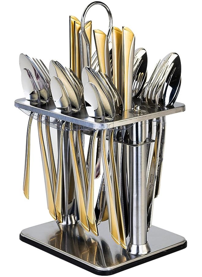 Cuisine Art 24 Piece Silverware Flatware Cutlery Set with Square Stand, Stainless Steel Includes 6 Knife, Fork, Tea Spoon, Dinner Mirror Polished, Dishwasher Safe  - Image 1